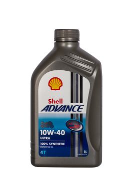 A 1-liter bottle of SHELL ADVANCE 4T ULTRA 10W-40 features a gray cap and a label with the Shell logo and product details in red, blue, and white.