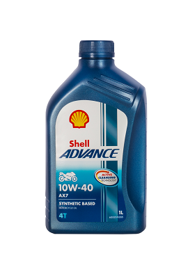 A 1-liter bottle of SHELL ADVANCE 4T AX7 10W-40 motorcycle oil in blue, with the Shell logo and product details on the front label.