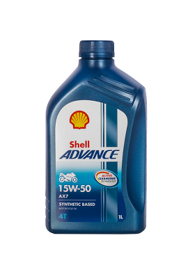 A 1-liter bottle of SHELL ADVANCE 4T AX7 15W-50 motorcycle oil with a blue design, featuring the Shell logo and product details on the label.