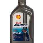 A 1L bottle of SHELL ADVANCE 4T ULTRA 15W-50 features a black cap and a label with the Shell logo and blue accents. It is fully synthetic motorcycle oil.