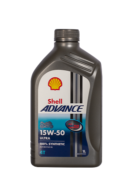 A 1L bottle of SHELL ADVANCE 4T ULTRA 15W-50 features a black cap and a label with the Shell logo and blue accents. It is fully synthetic motorcycle oil.