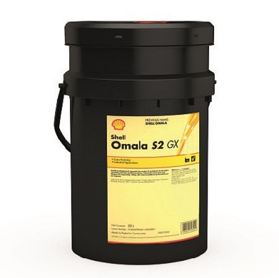 A 20-liter black pail of SHELL OMALA S2 GX 150 features a yellow label with the Shell logo and product details, plus a black lid.