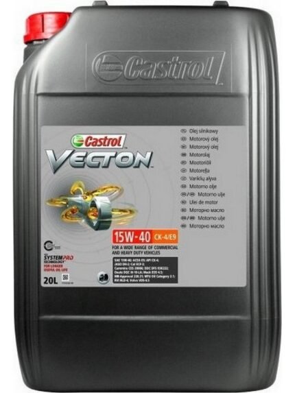 A large black 20L container of CASTROL VECTON 15W-40 CK-4/E9 displays the brand logo, product name, viscosity grade, and multilingual text for commercial vehicle engines.