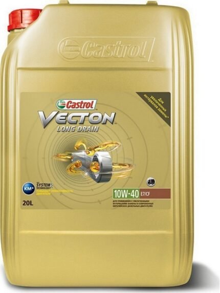 A 20L gold container of CASTROL VECTON Long Drain 10W-40 E6/E9 features the Castrol logo, product name, oil type, and engine parts images on the front.