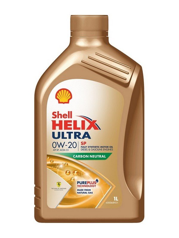 shellhelixultrasp.jpg A 1-liter SHELL HELIX ULTRA SP 0W-20 bottle with a gold body, red/white/yellow label, and carbon neutral plus PurePlus Technology text.