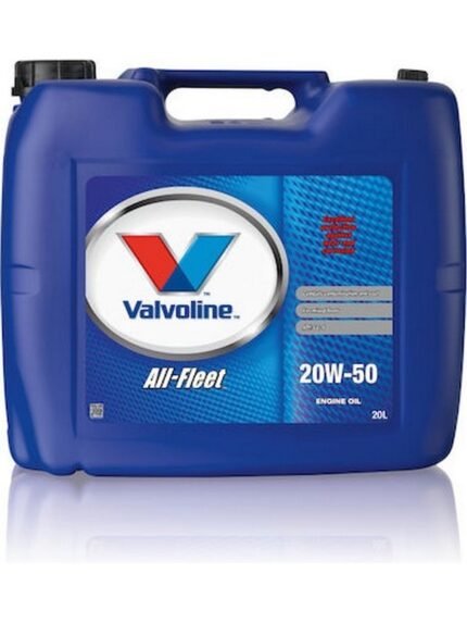 A 20-liter container of VALVOLINE ALL FLEET 20W-50 engine oil, blue with a handle, displays the Valvoline logo and product details on the front label.
