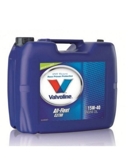 A large blue plastic 20L container of VALVOLINE ALL FLEET EXTRA 15W-40 engine oil, featuring a top handle and front product label.
