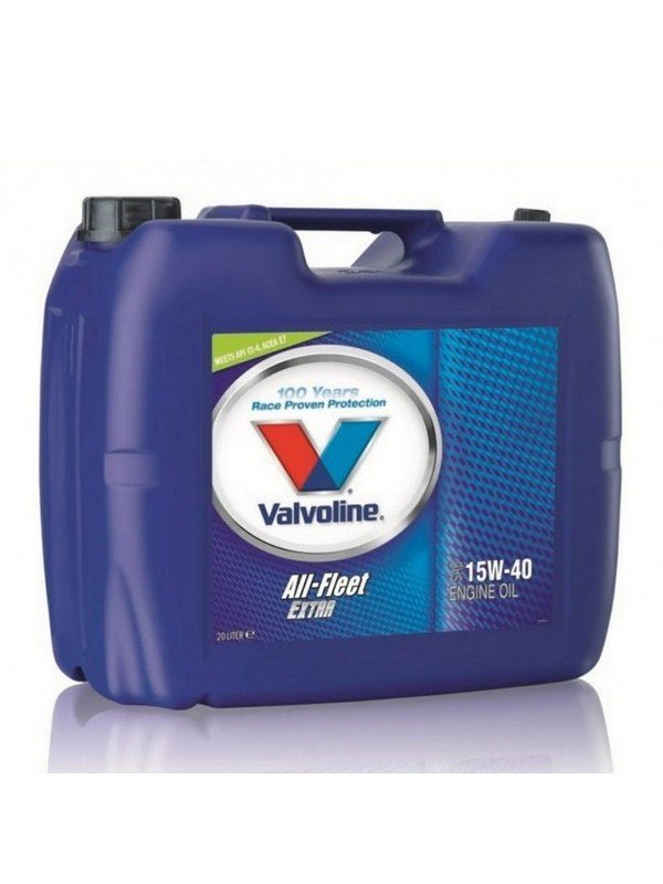 valvolineallfleetextra.jpg A large blue plastic 20L container of VALVOLINE ALL FLEET EXTRA 15W-40 engine oil, featuring a top handle and front product label.
