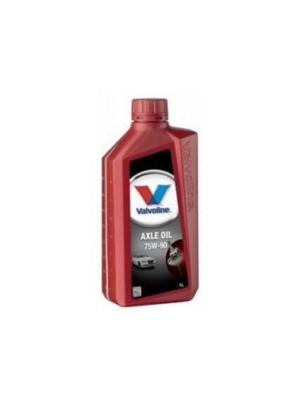A 1-liter bottle of VALVOLINE AXLE OIL 75W-90 with a red design, Valvoline logo, and label graphics of a car and gears.