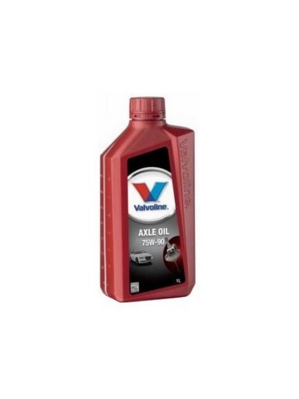 valvolineaxle75w90.jpg A 1-liter bottle of VALVOLINE AXLE OIL 75W-90 with a red design, Valvoline logo, and label graphics of a car and gears.
